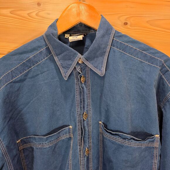 VTG 90s Versace Jeans Couture Medusa Button Down Shirt Chambray Men Large - Picture 2 of 13